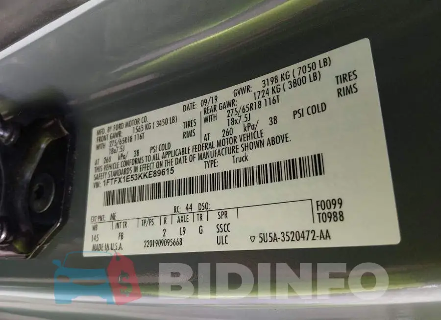 1FTFX1E53KKE89615 Photo# 9