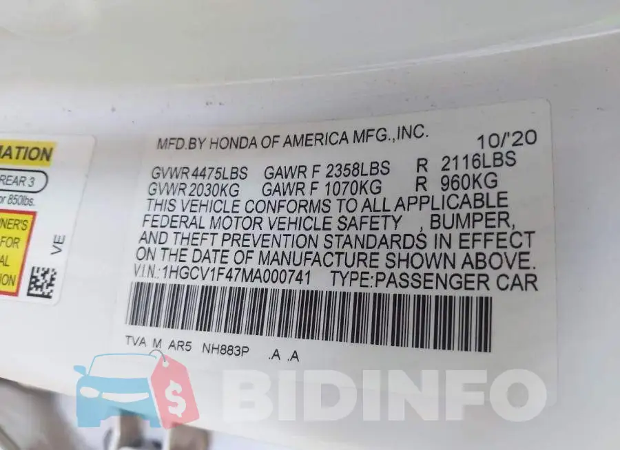 1HGCV1F47MA000741 Photo# 9