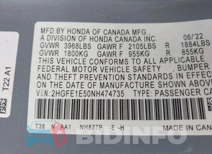 2HGFE1E50NH474735 Photo# 9