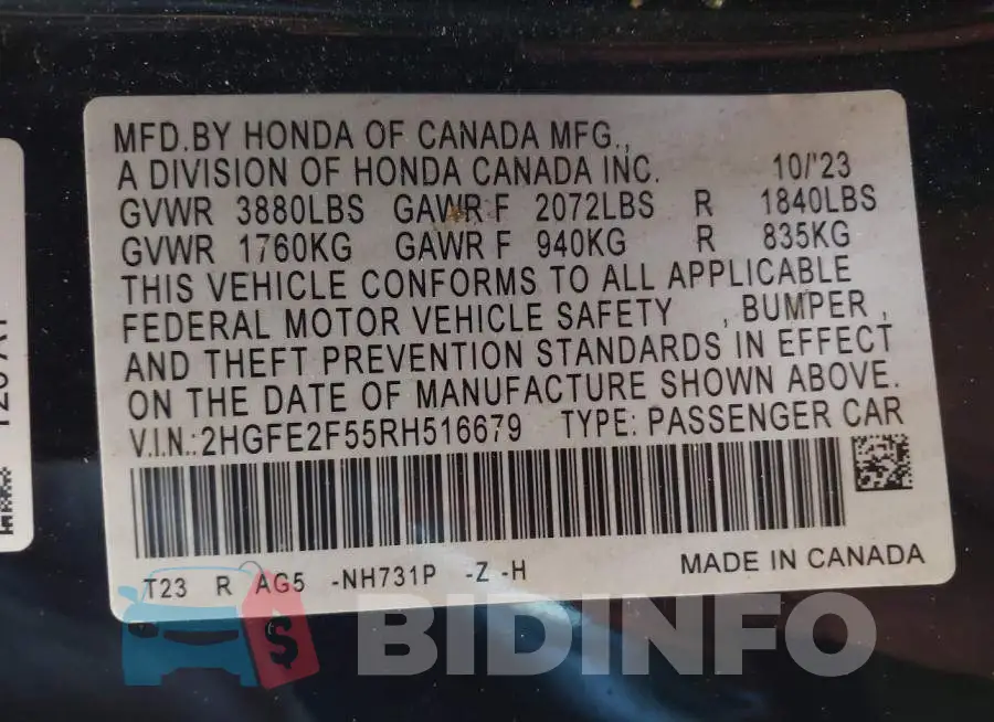 2HGFE2F55RH516679 Photo# 9