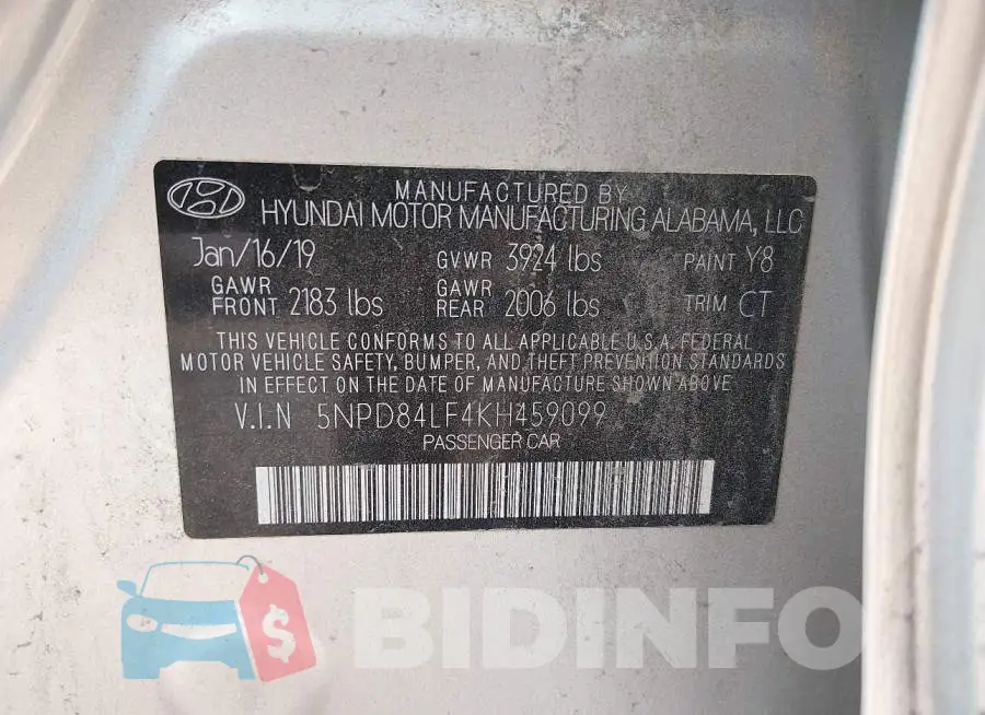 5NPD84LF4KH459099 Photo# 9