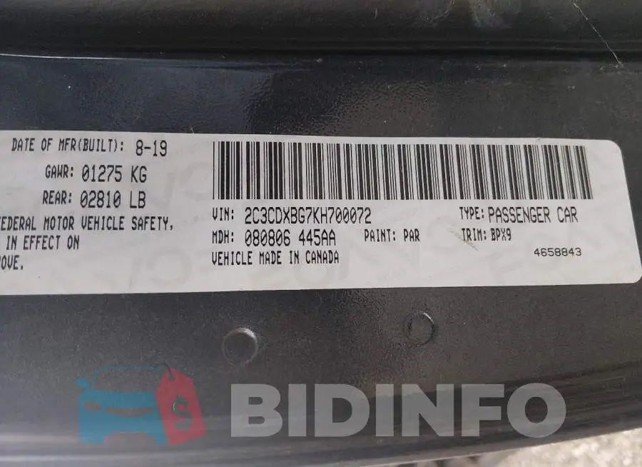2C3CDXBG7KH700072 Photo# 9