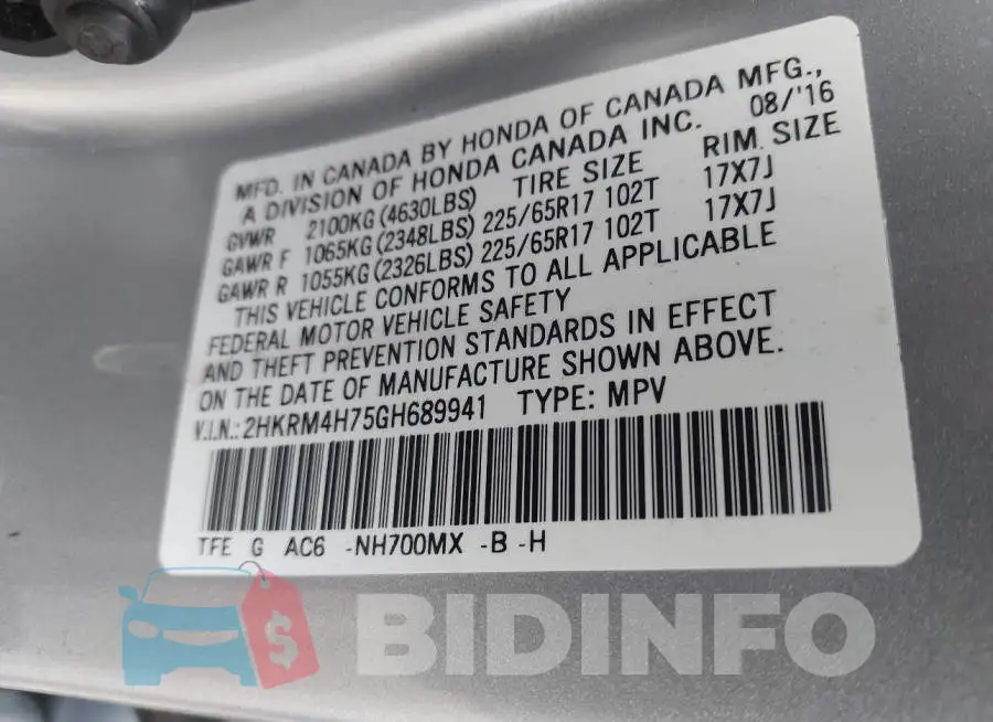 2HKRM4H75GH689941 Photo# 9