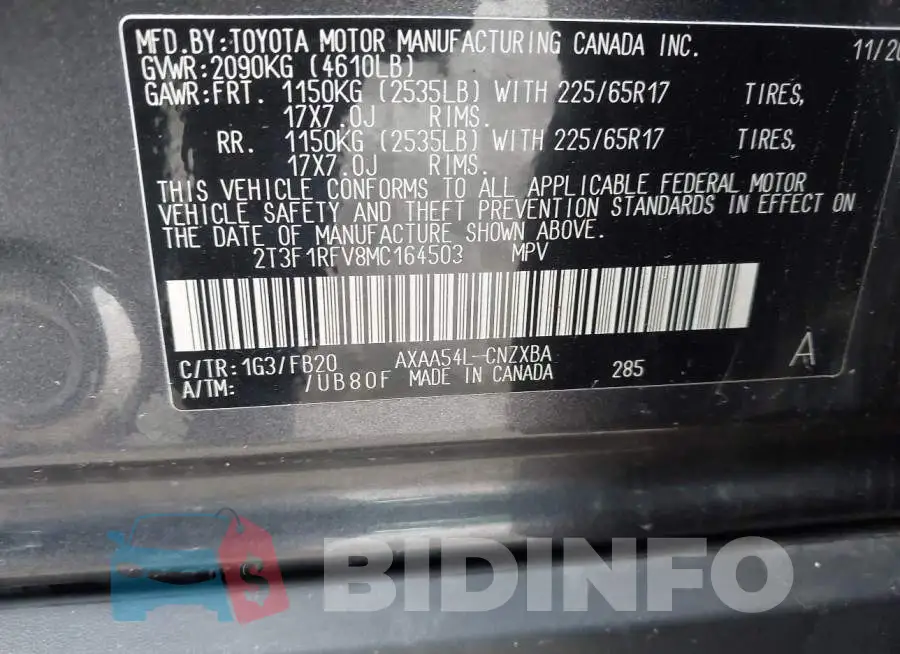 2T3F1RFV8MC164503 Photo# 9