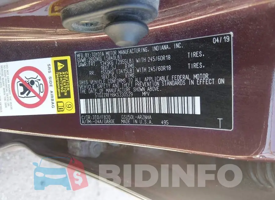 5TDZZRFH6KS330529 Photo# 9