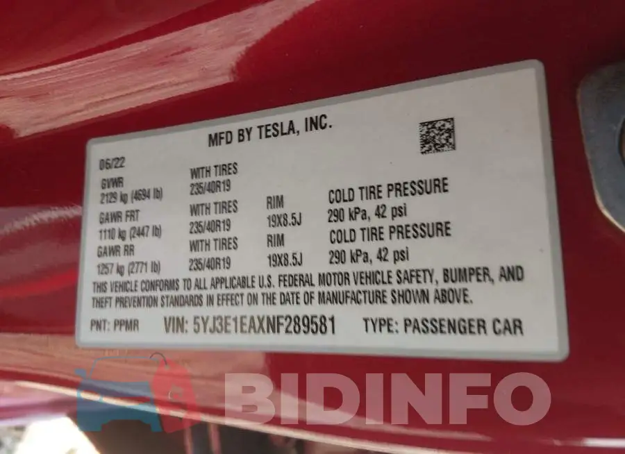 5YJ3E1EAXNF289581 Photo# 9