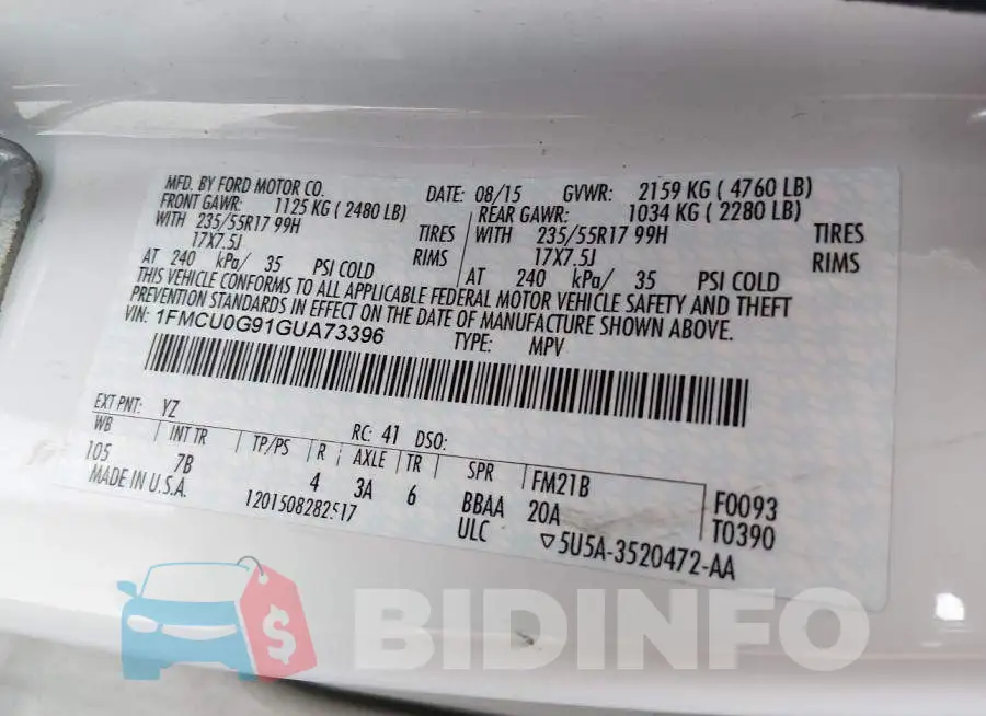1FMCU0G91GUA73396 Photo# 9