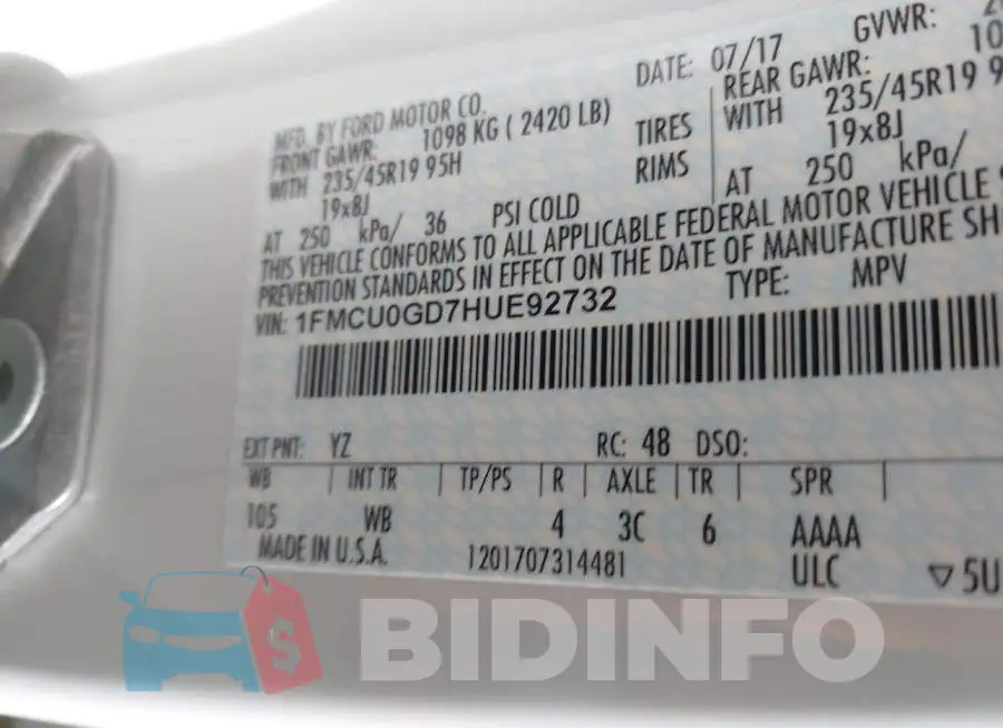1FMCU0GD7HUE92732 Photo# 9