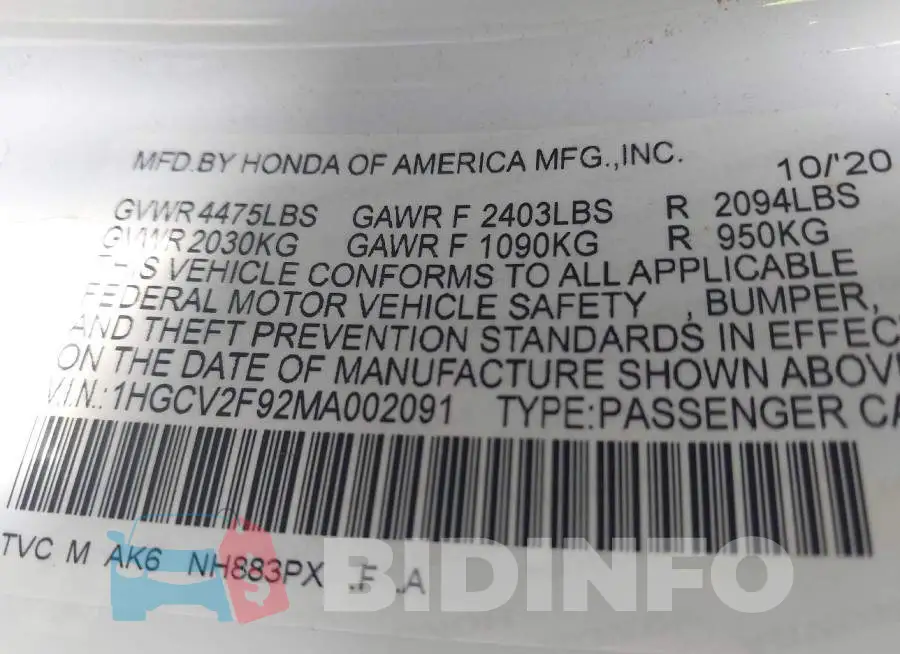 1HGCV2F92MA002091 Photo# 9
