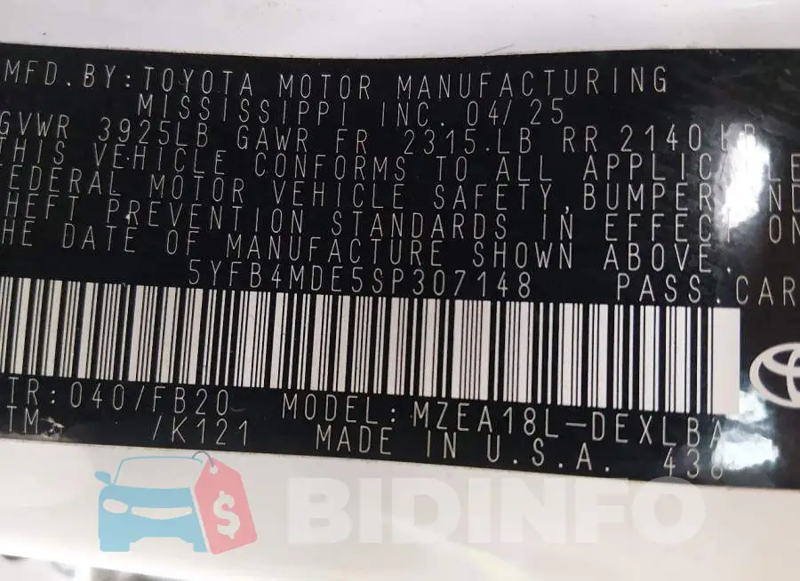 5YFB4MDE5SP307148 Photo# 9