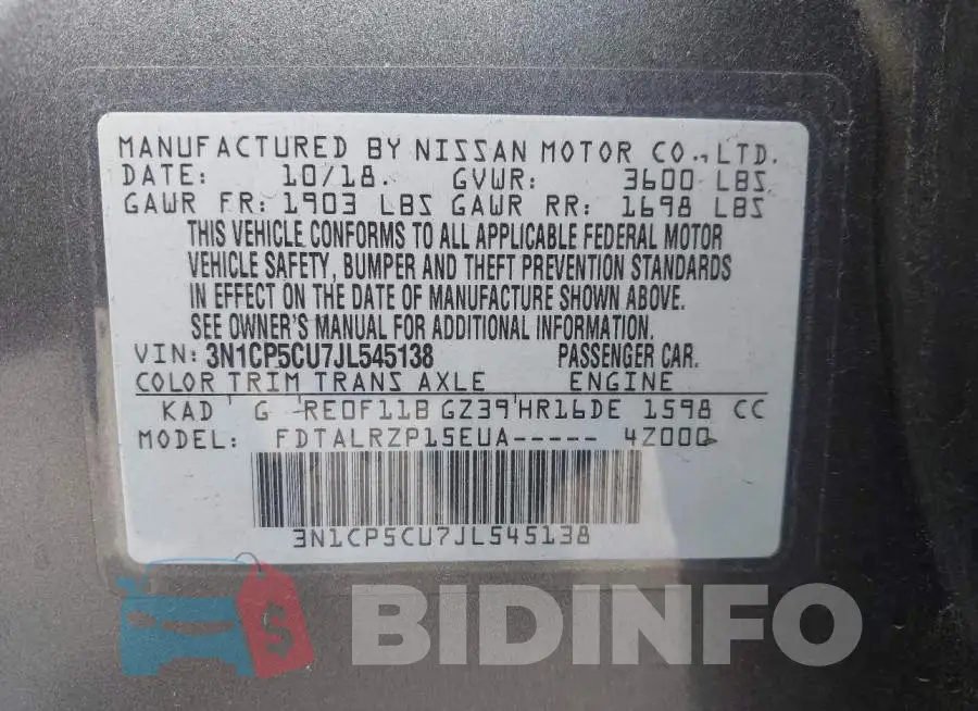3N1CP5CU7JL545138 Photo# 9