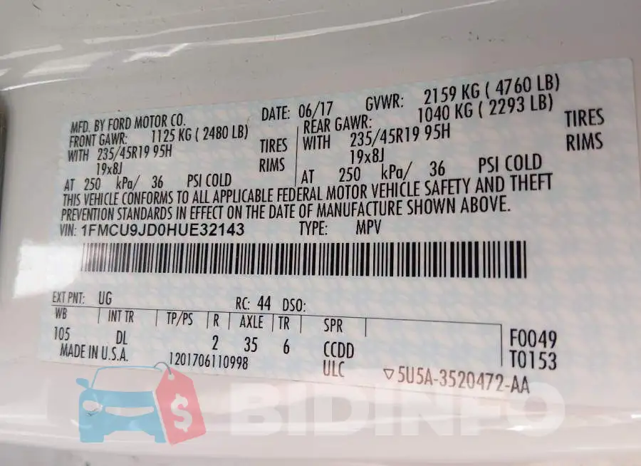 1FMCU9JD0HUE32143 Photo# 9