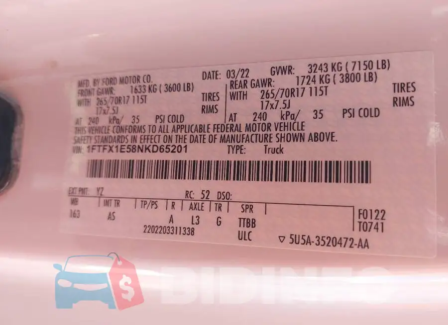 1FTFX1E58NKD65201 Photo# 9