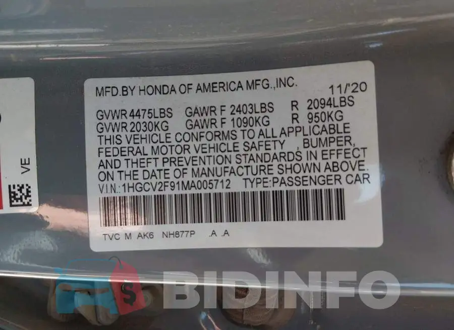 1HGCV2F91MA005712 Photo# 9