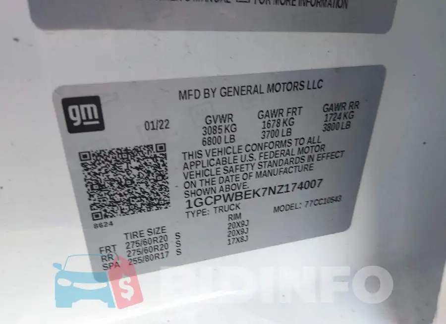 1GCPWBEK7NZ174007 Photo# 9