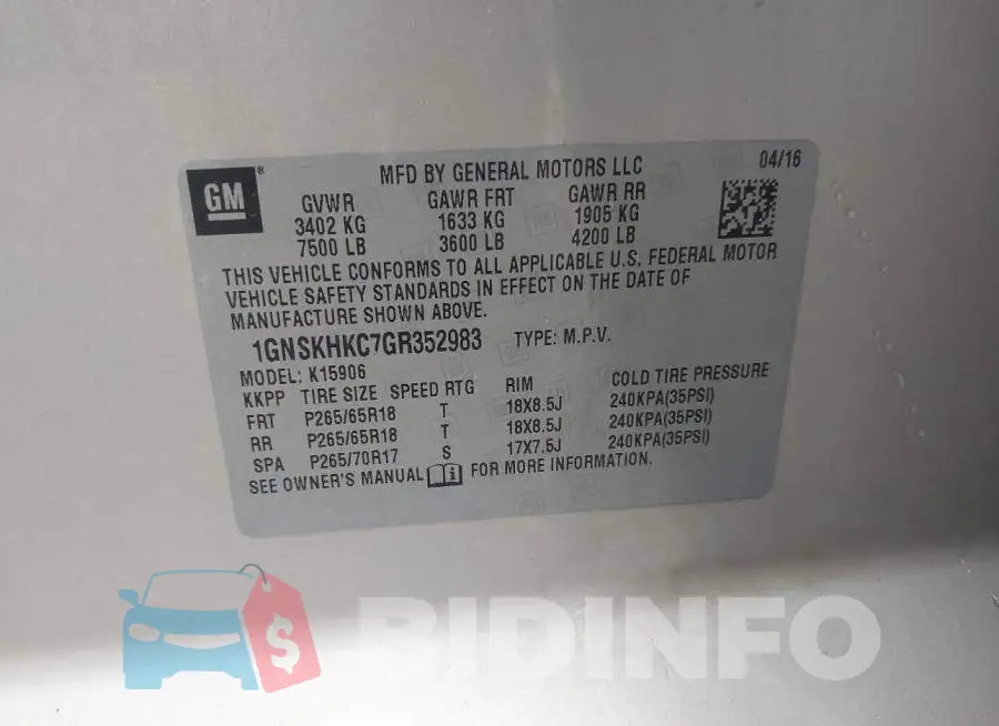 1GNSKHKC7GR352983 Photo# 9