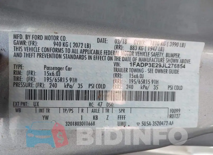1FADP3E29JL276854 Photo# 9