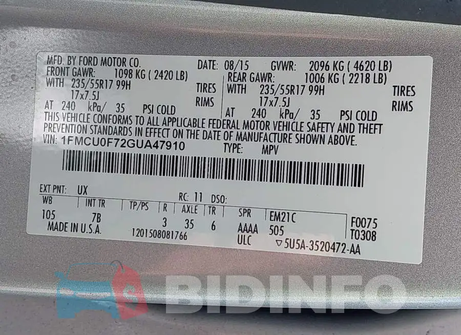 1FMCU0F72GUA47910 Photo# 9