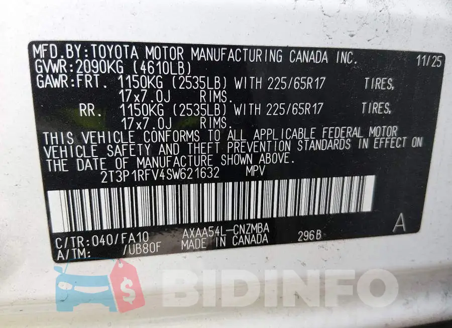 2T3P1RFV4SW621632 Photo# 9