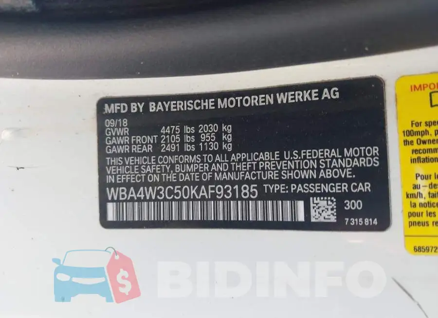 WBA4W3C50KAF93185 Photo# 9