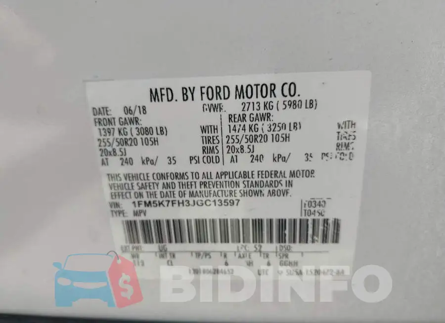 1FM5K7FH3JGC13597 Photo# 9
