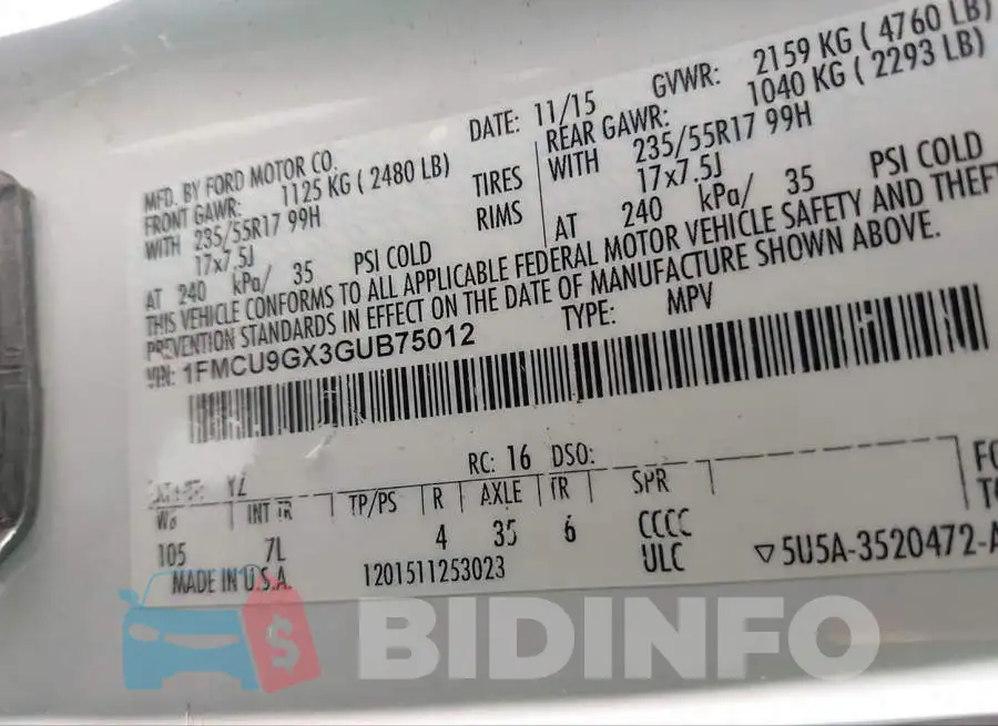1FMCU9GX3GUB75012 Photo# 8