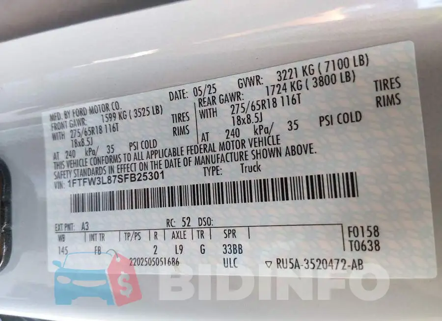 1FTFW3L87SFB25301 Photo# 9