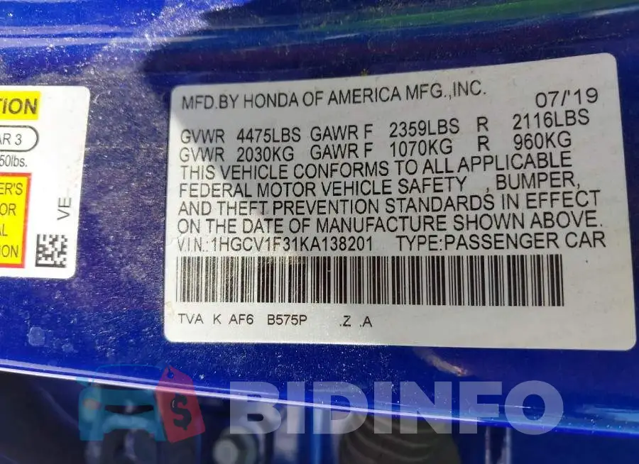 1HGCV1F31KA138201 Photo# 9