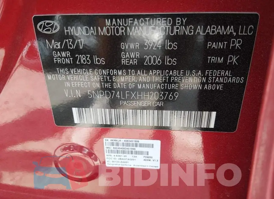 5NPD74LFXHH203769 Photo# 9