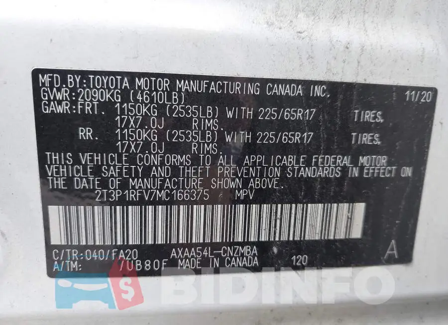 2T3P1RFV7MC166375 Photo# 9
