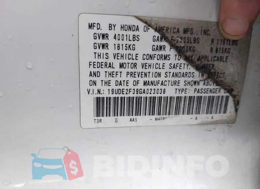 19UDE2F39GA023038 Photo# 9