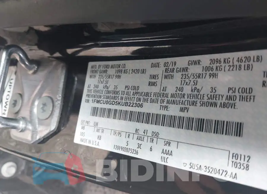 1FMCU0GD5KUB22306 Photo# 9