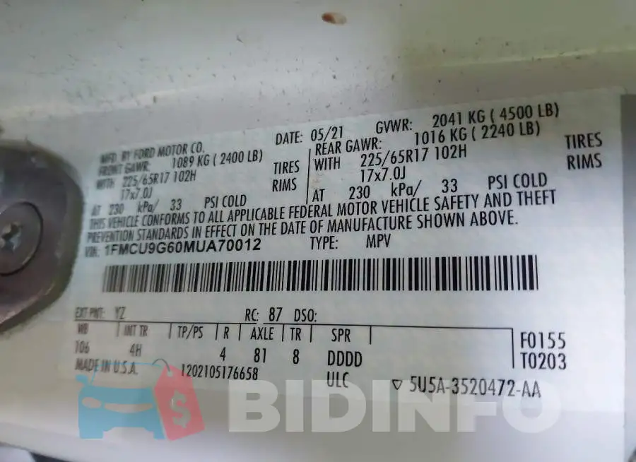 1FMCU9G60MUA70012 Photo# 9