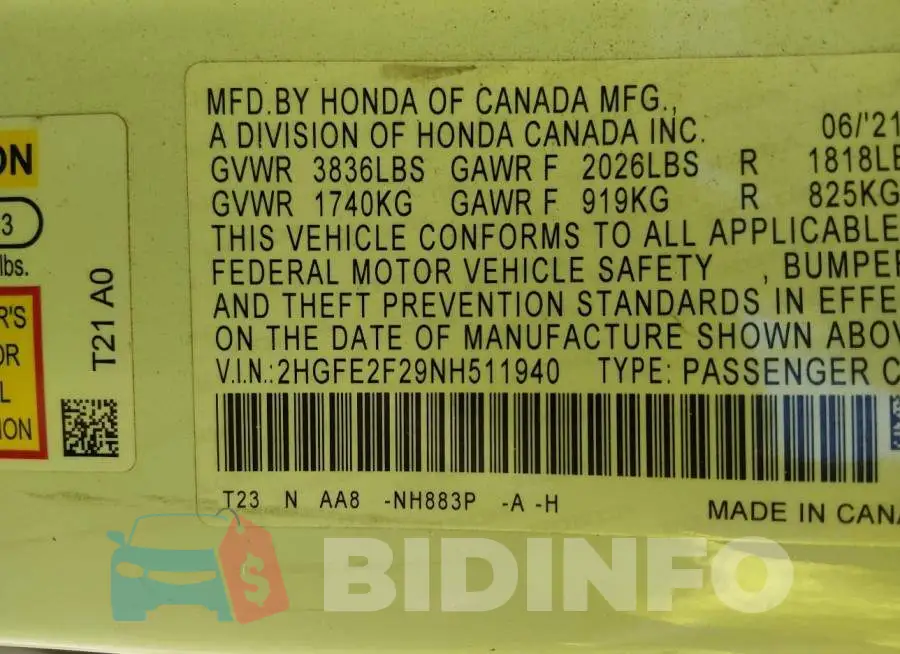 2HGFE2F29NH511940 Photo# 9