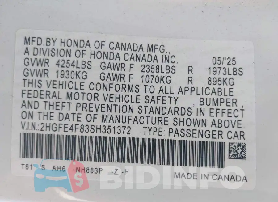 2HGFE4F83SH351372 Photo# 9