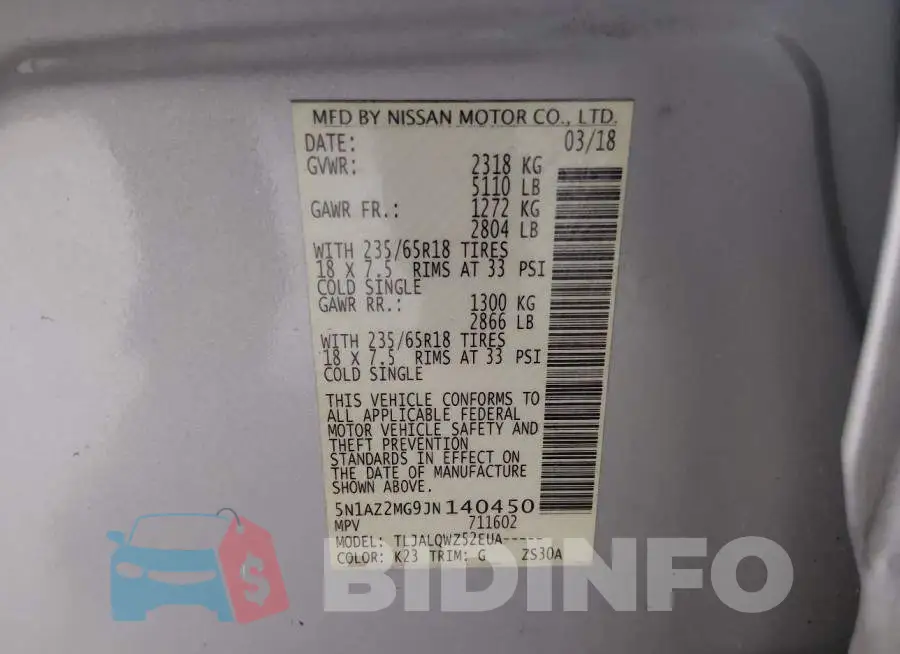 5N1AZ2MG9JN140450 Photo# 9