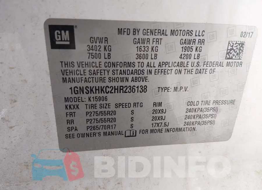 1GNSKHKC2HR236138 Photo# 9