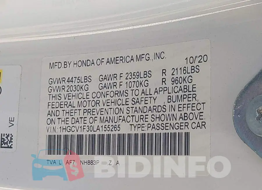 1HGCV1F30LA155265 Photo# 9