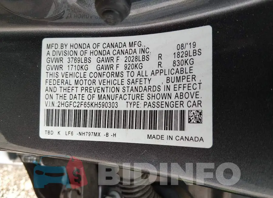 2HGFC2F65KH590303 Photo# 9