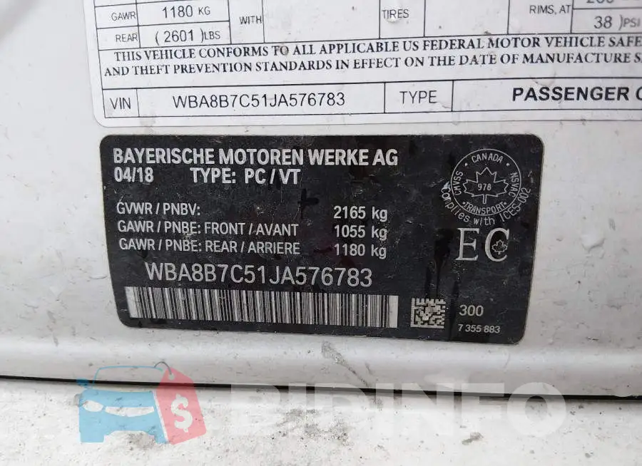 WBA8B7C51JA576783 Photo# 9