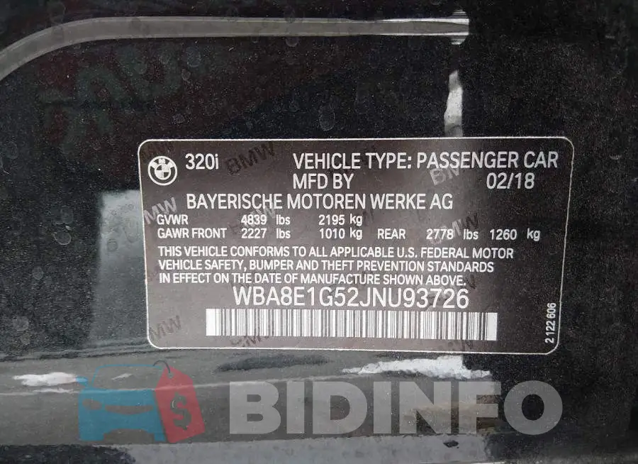 WBA8E1G52JNU93726 Photo# 9