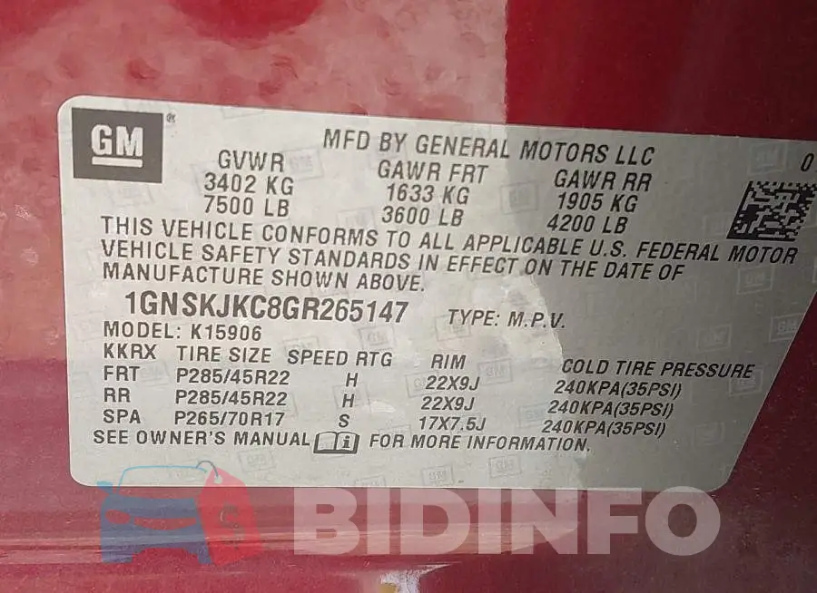 1GNSKJKC8GR265147 Photo# 9