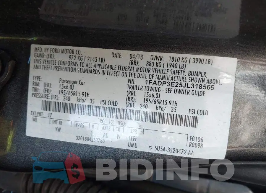 1FADP3E25JL318565 Photo# 9