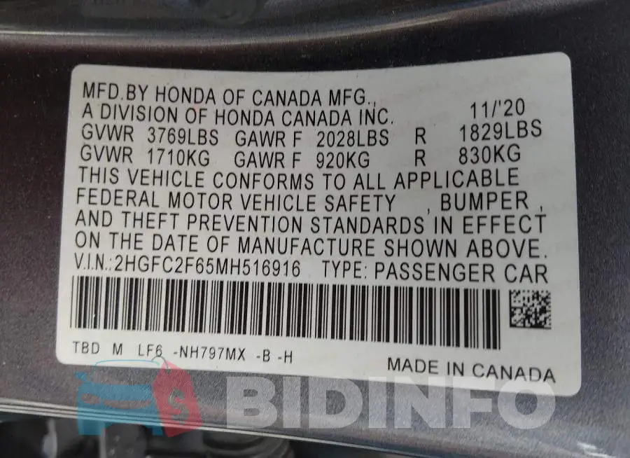 2HGFC2F65MH516916 Photo# 9