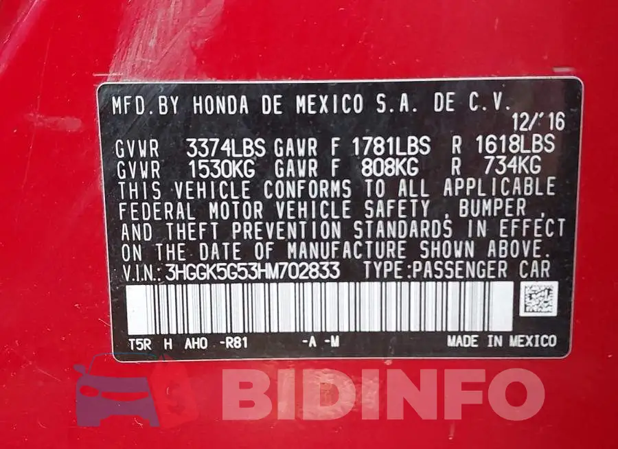 3HGGK5G53HM702833 Photo# 9