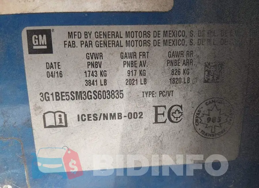 3G1BE5SM3GS603835 Photo# 9