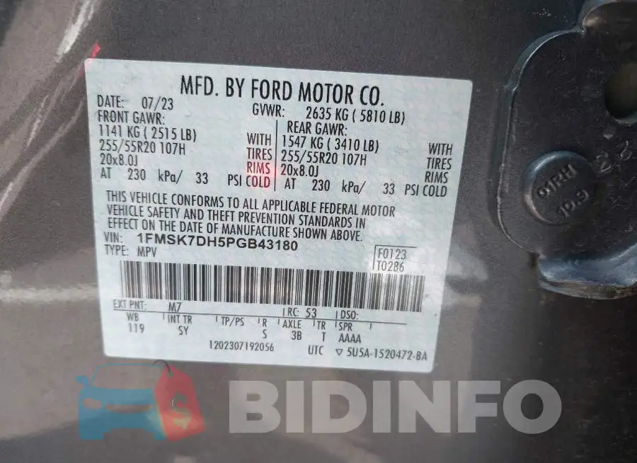 1FMSK7DH5PGB43180 Photo# 9
