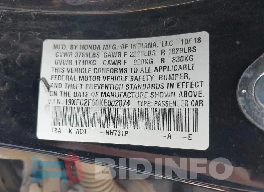 19XFC2F60KE002074 Photo# 9