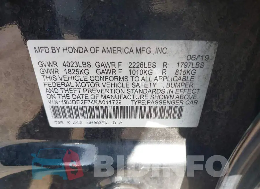 19UDE2F74KA011729 Photo# 9