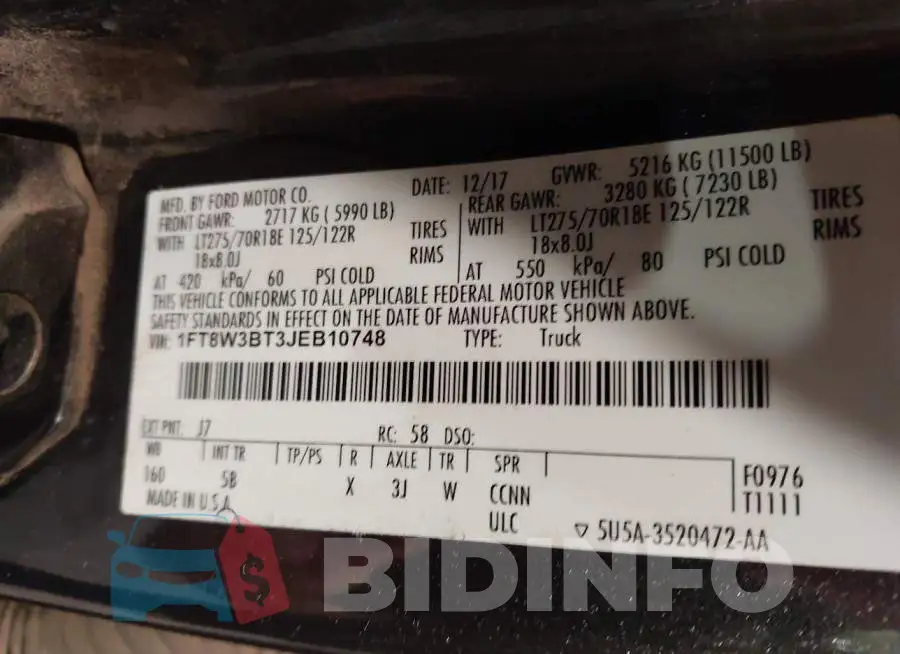 1FT8W3BT3JEB10748 Photo# 8